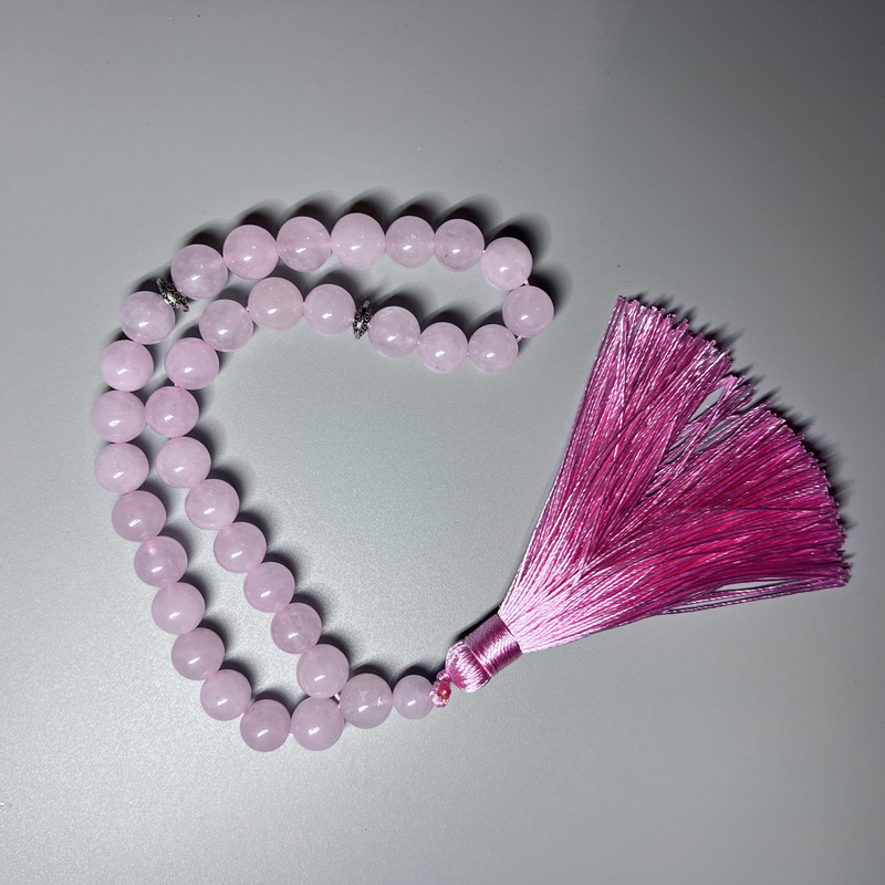 Rose Quartz Prayer Beads natural stone smooth ball, diameter 10mm±, 33 beads, with metal inserts