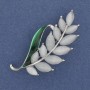 Twig Brooch, White Cat's Eye, Green Enamel, Gold-Tone Metal, 22x47mm