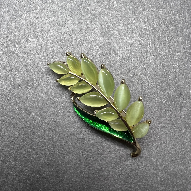 Twig Brooch, Green Cat's Eye, Green Enamel, Gold-Tone Metal, 22x47mm