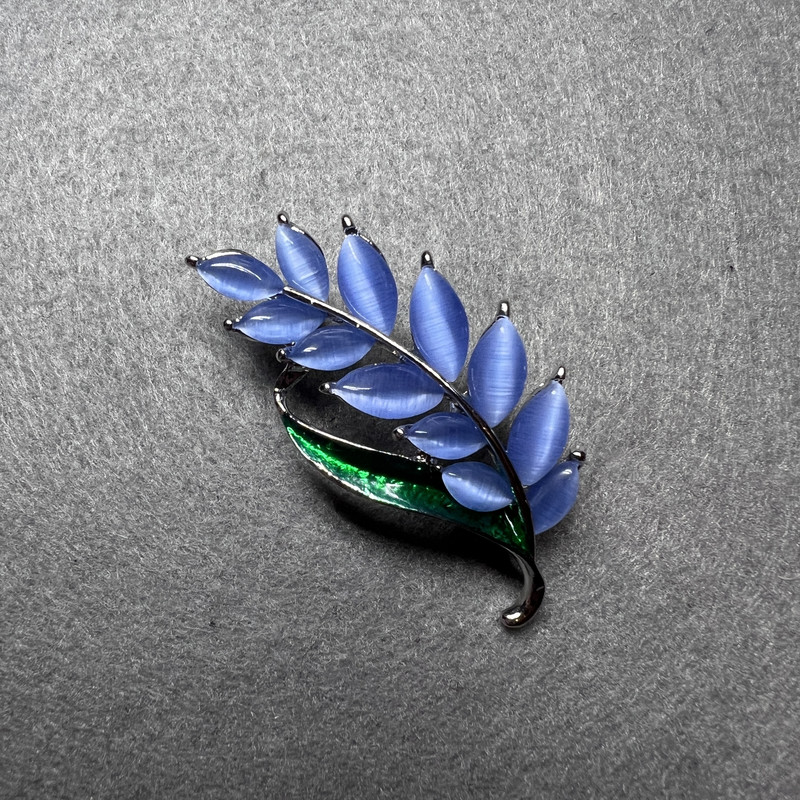 Twig Brooch, Blue Cat's Eye, Green Enamel, Gold-Tone Metal, 22x47mm