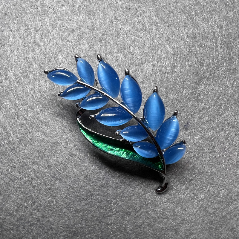 Twig Brooch, Light Blue Cat's Eye, Green Enamel, Gold-Tone Metal, 22x47mm