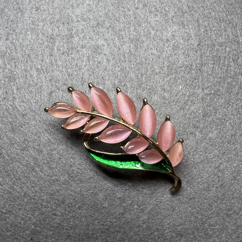 Twig Brooch, Pink Cat's Eye, Green Enamel, Gold-Tone Metal, 22x47mm