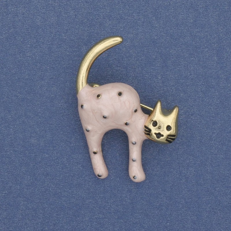 Cat Brooch, Pink and Black Mother-of-Pearl, Gold-Tone Metal, 28x37mm