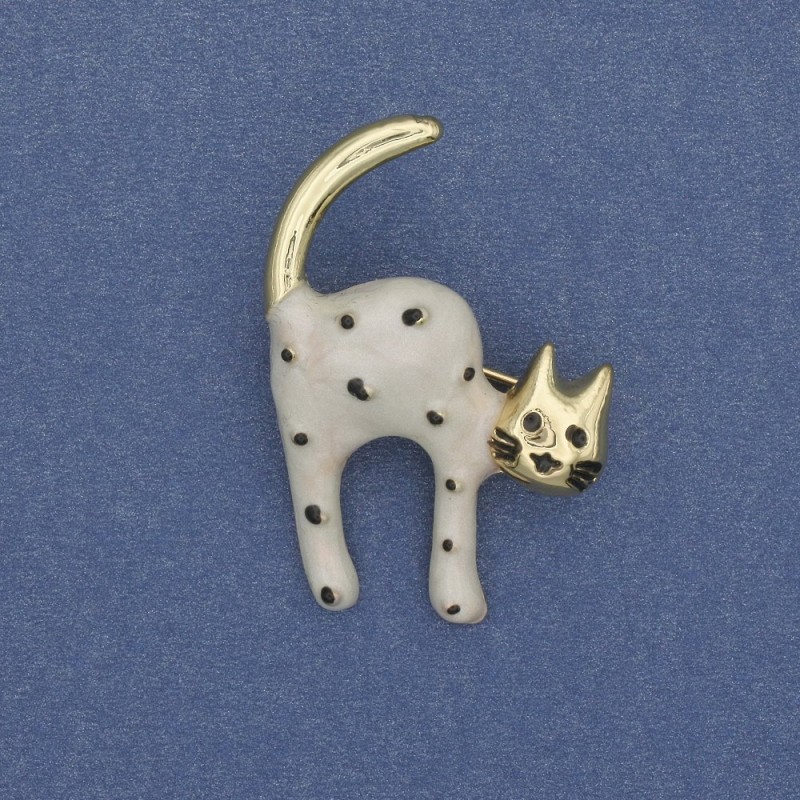 Cat Brooch, White and Black Mother-of-Pearl, Gold-Tone Metal, 28x37mm