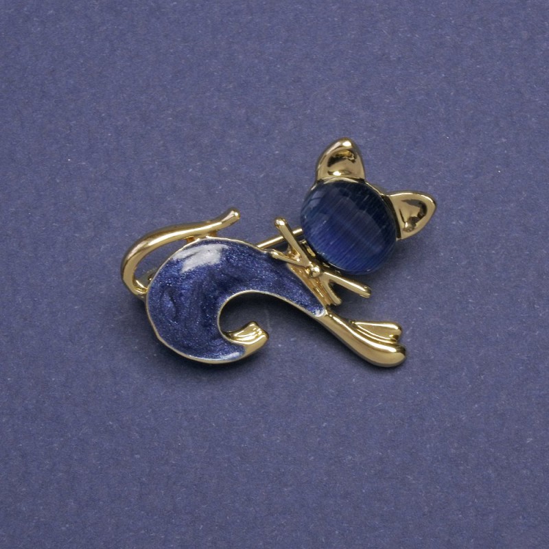 Cat Brooch, Blue Cat's Eye, Blue Mother-of-Pearl, Gold-Tone Metal 28x23mm