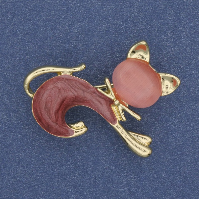 Cat Brooch, Pink Cat's Eye, Pink Mother-of-Pearl, Gold-Tone Metal 28x23mm