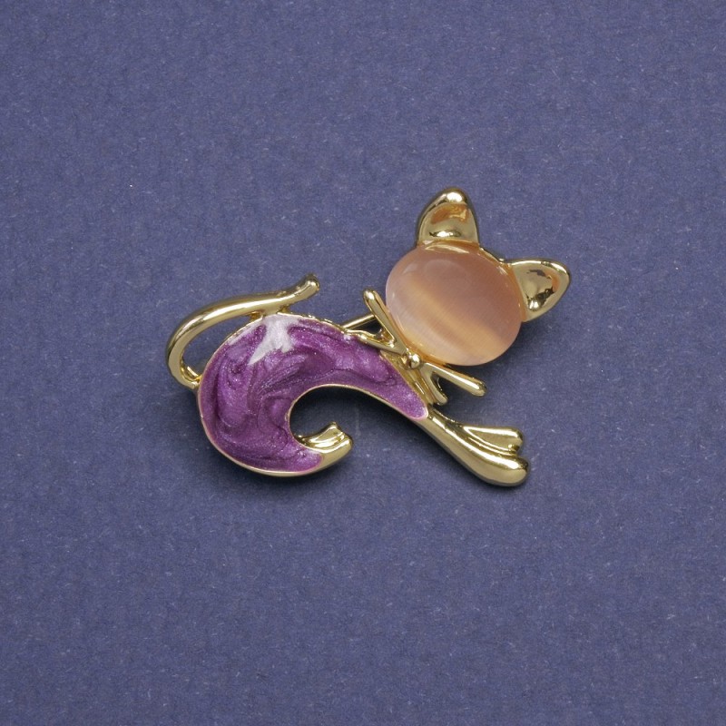 Cat Brooch, Beige Cat's Eye, Purple Mother-of-Pearl, Gold-Tone Metal 28x23mm