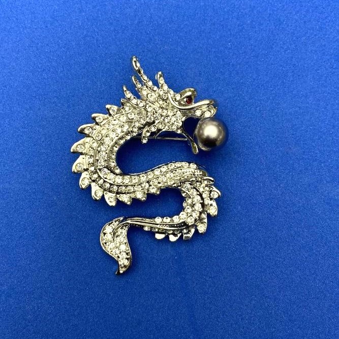 Dragon Brooch silver-tone metal, white rhinestones, grey bead, 45x64mm