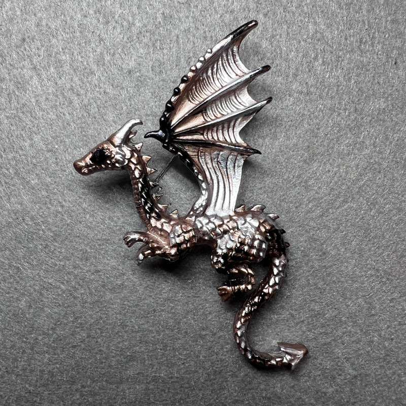 Dragon Brooch matte bronze and black enamel, silver-tone metal, 42x66mm