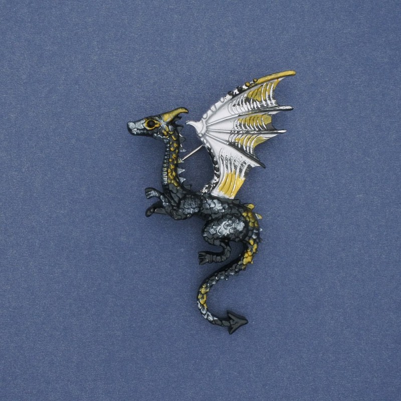 Dragon Brooch matte grey, yellow and white enamel, silver-tone metal, 42x66mm