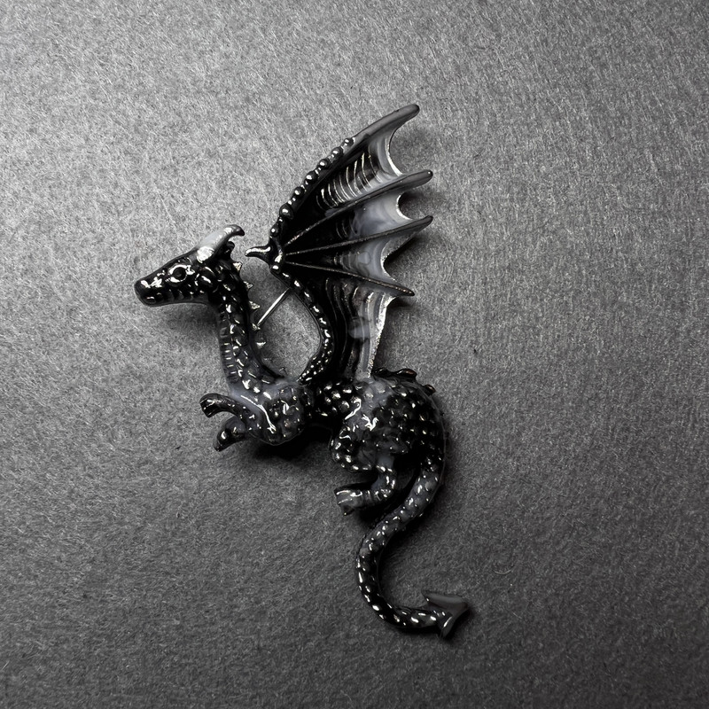 Dragon Brooch, Grey and Black Enamel, Silver-Tone Metal 42x66mm