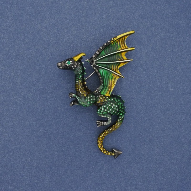 Dragon Brooch, Green and Yellow Enamel, Silver-Tone Metal 42x66mm