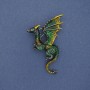 Dragon Brooch, Green and Yellow Enamel, Silver-Tone Metal 42x66mm