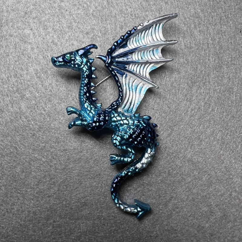 Dragon Brooch, Blue and Light Blue Enamel, Silver-Tone Metal 42x66mm