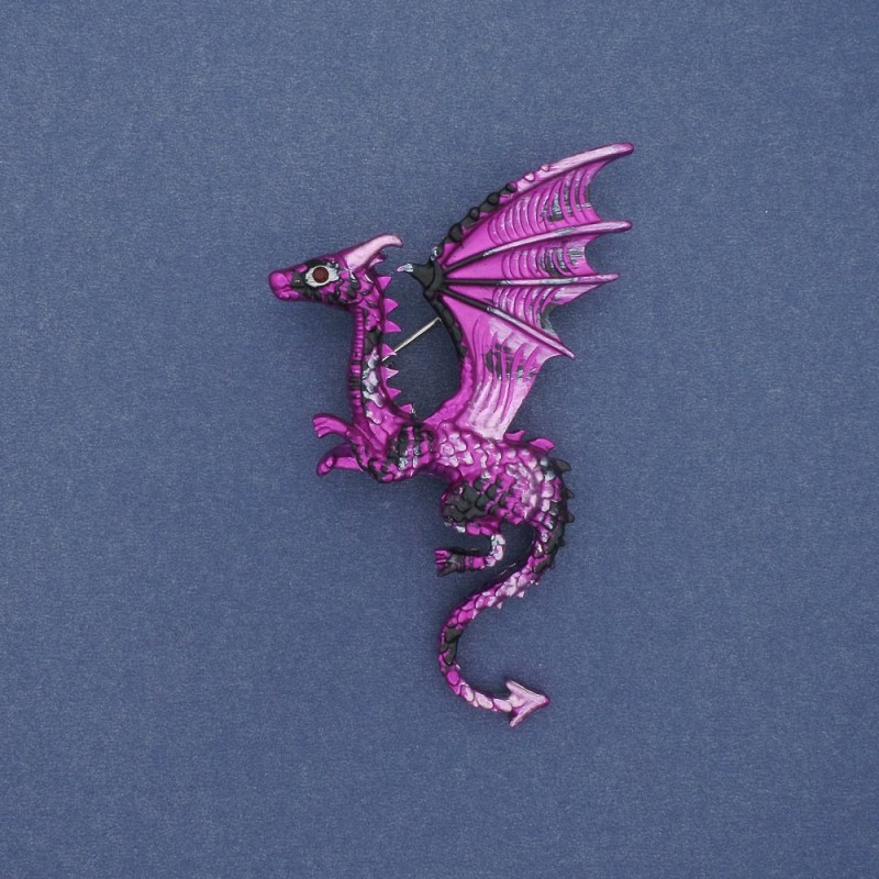Dragon Brooch, Matte Raspberry and Black Enamel, Silver-Tone Metal 42x66mm