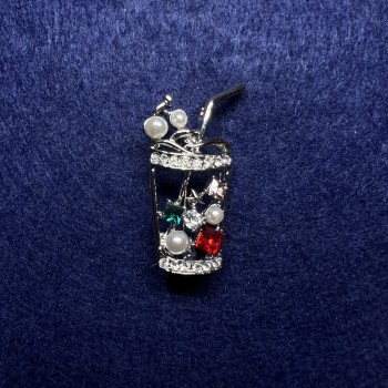 Cocktail Brooch, Multicoloured Rhinestones and Beads, Silver-Tone Metal 15x35mm