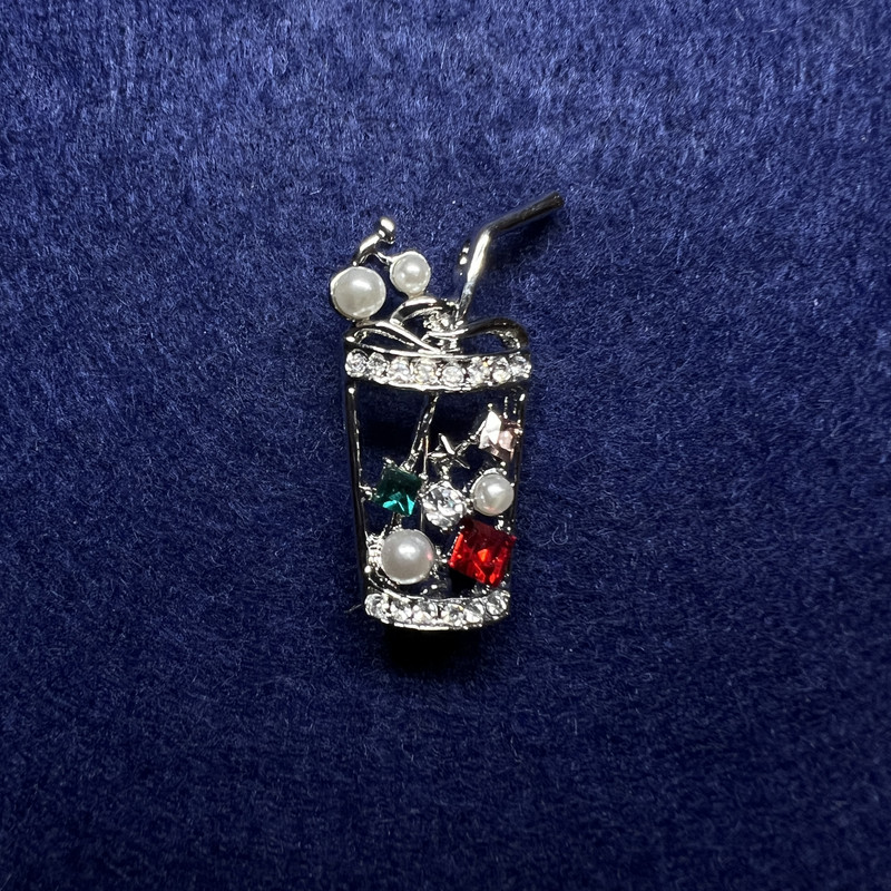Cocktail Brooch, Multicoloured Rhinestones and Beads, Silver-Tone Metal 15x35mm