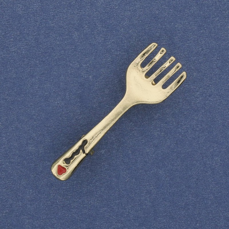 Fork Brooch, White and Black Enamel, Gold-Tone Metal 11x36mm