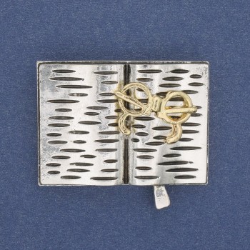 Book with Glasses Brooch, Grey and Gold Enamel, Silver-Tone Metal 35x26mm