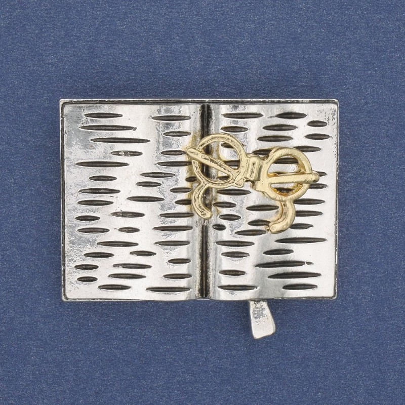 Book with Glasses Brooch, Grey and Gold Enamel, Silver-Tone Metal 35x26mm