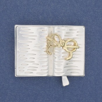 Book with Glasses Brooch, Light Grey and Gold Enamel, Silver-Tone Metal 35x26mm