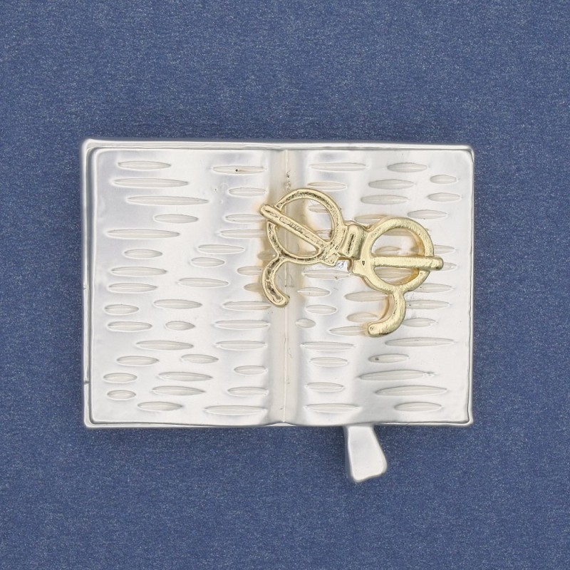 Book with Glasses Brooch, Light Grey and Gold Enamel, Silver-Tone Metal 35x26mm