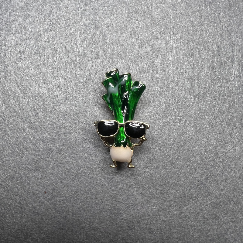 Celery in Glasses Brooch, Green, Black and White Enamel, Gold-Tone Metal 18x32mm