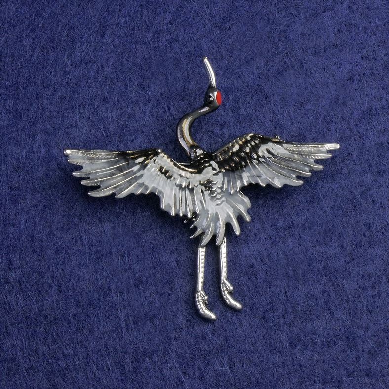 Crane Brooch, Grey & Black Enamel, Silver-Tone Metal 47x45mm