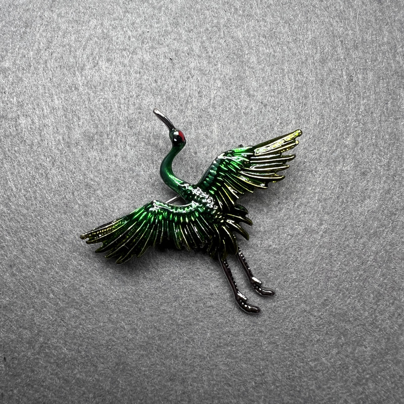 Crane Brooch, Green Enamel, Silver-Tone Metal 47x45mm