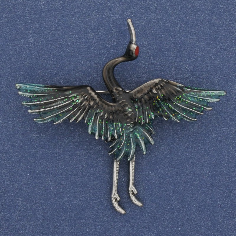 Crane Brooch, Black & Green Enamel, Silver-Tone Metal 47x45mm