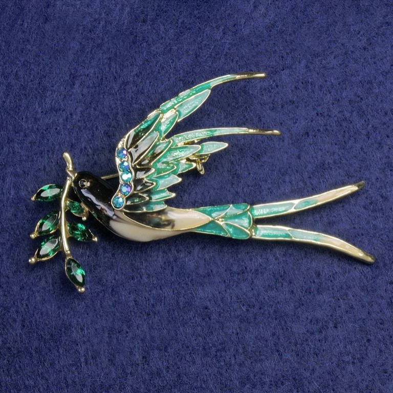 Swallow with Twig Brooch, Beige & Green Enamel, Green Crystals, Blue Rhinestones, Gold-Tone Metal 62x48mm
