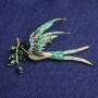 Swallow with Twig Brooch, Beige & Green Enamel, Green Crystals, Blue Rhinestones, Gold-Tone Metal 62x48mm