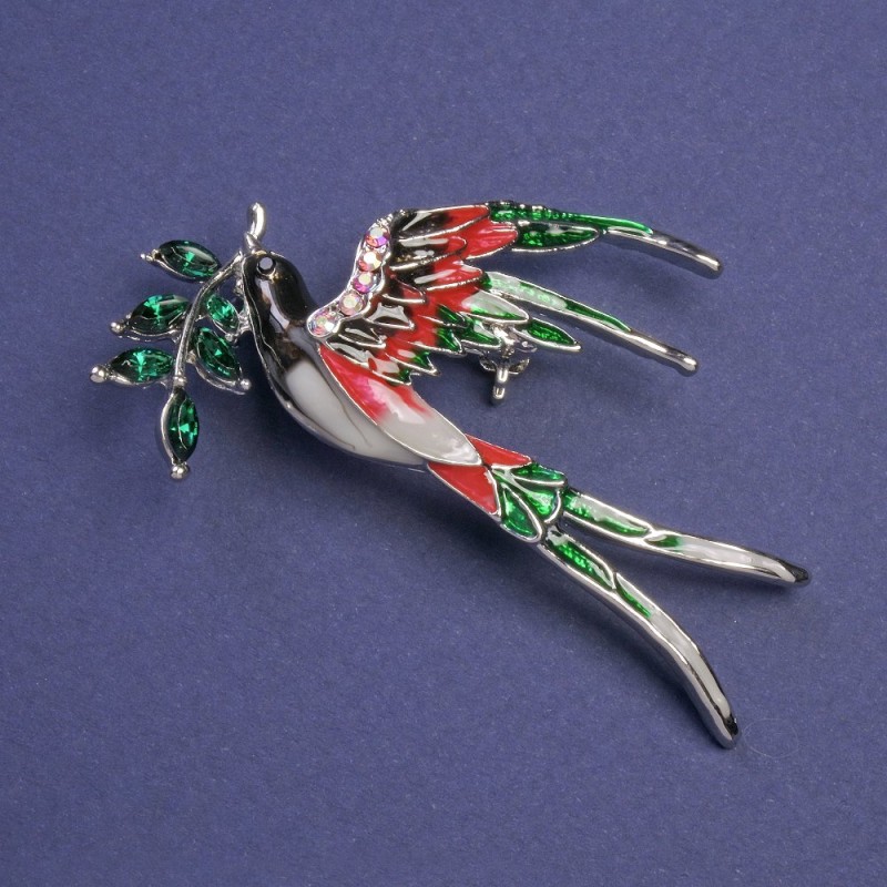 Swallow with Branch Brooch red and green enamel, green crystals, pink rhinestones, gold-tone metal 62x48mm