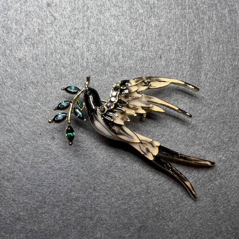 Swallow with Twig Brooch, Black & Beige Enamel, Green Crystals, Black Rhinestones, Gold-Tone Metal 62x48mm