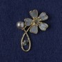 Flower Brooch grey mother-of-pearl, crystal, bead, gold-tone metal 33x51mm