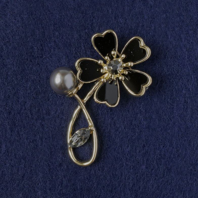Flower Brooch black mother-of-pearl, crystal, bead, gold-tone metal 33x51mm