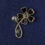 Flower Brooch black mother-of-pearl, crystal, bead, gold-tone metal 33x51mm