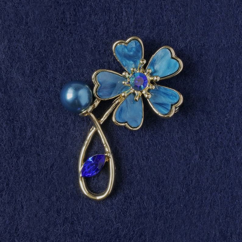 Flower Brooch blue mother-of-pearl, crystal, bead, gold-tone metal 33x51mm