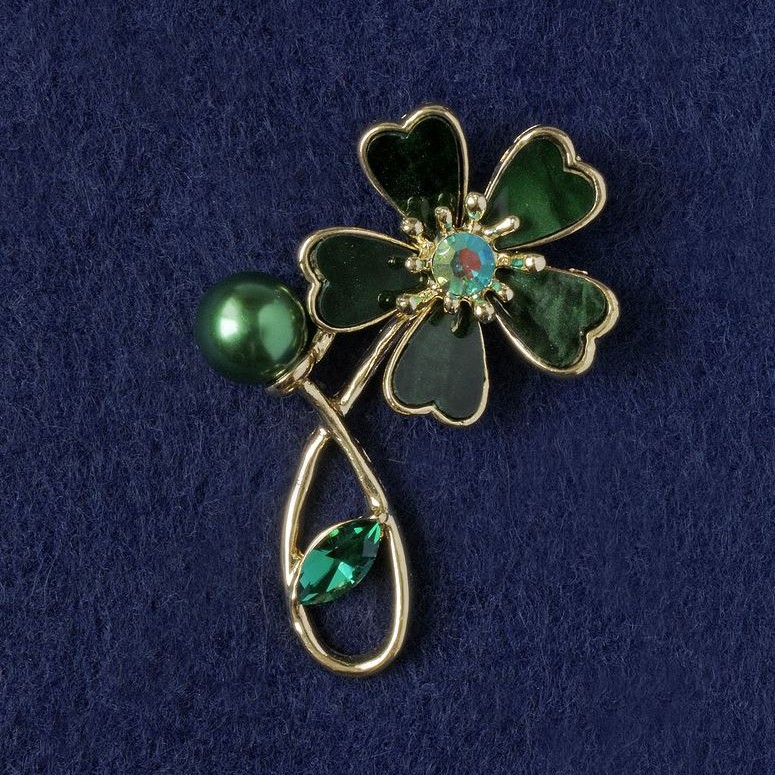 Flower Brooch green mother-of-pearl, crystal, bead, gold-tone metal 33x51mm