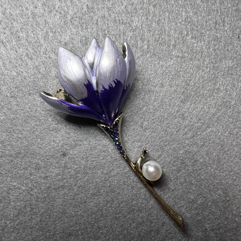 Magnolia Flower Brooch lilac and purple enamel, blue rhinestones, white bead, gold-tone metal 29x65mm