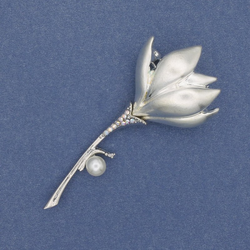 Magnolia Flower Brooch silver-tone rhinestones, enamel, bead, metal 29x65mm