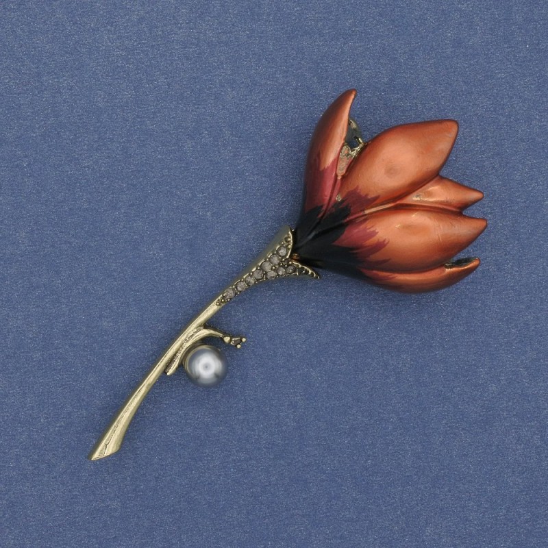 Magnolia Flower Brooch red enamel, black rhinestones, grey bead, gold-tone metal 29x65mm