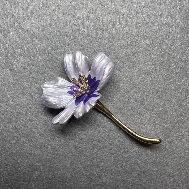 Cosmos Flower Brooch, Light Blue Enamel, Gold-Tone Metal, 34x52mm