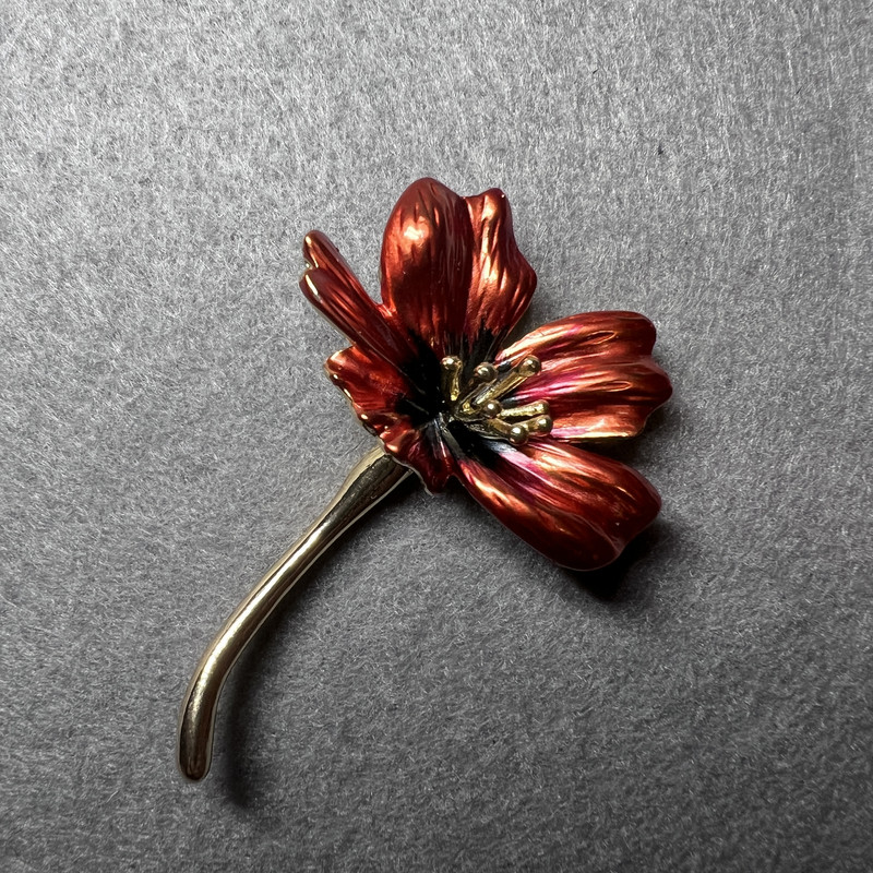 Cosmos Flower Brooch, Red Enamel, Gold-Tone Metal, 34x52mm