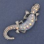 Lizard Brooch, light blue aquarium effect, white and pink rhinestones, silver-tone metal, 24x71mm