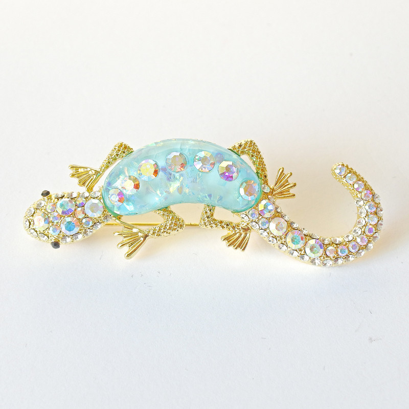 Lizard Brooch blue aquarium effect, white and pink rhinestones, gold-tone metal 24x71mm