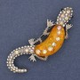 Lizard Brooch yellow aquarium effect, white and pink rhinestones, silver-tone metal 24x71mm