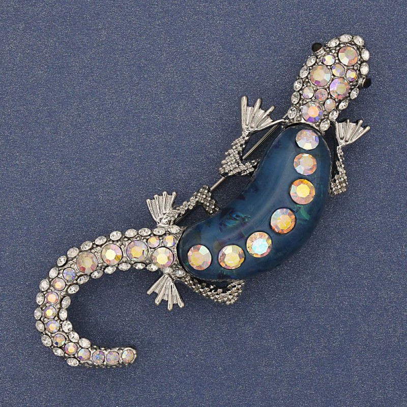 Lizard Brooch, Blue Aquarium Effect, White and Pink Rhinestones, Silver Metal 24x71mm
