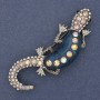 Lizard Brooch, Blue Aquarium Effect, White and Pink Rhinestones, Silver Metal 24x71mm