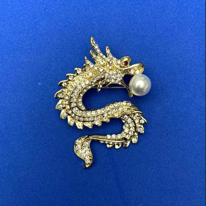 Dragon Brooch, Golden Metal, White Rhinestones, White Bead, 45x64mm